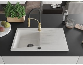Mexen Cesar, 1-komorový granitový drez 775x470x190 mm a drezová batéria Aster, biela, 6514-20-73450-57-B