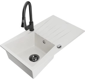 Mexen Cesar, 1-komorový granitový drez 775x470x190 mm a drezová batéria Elia, biela, 6514-20-670101-70