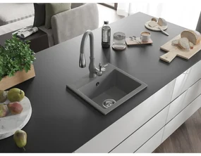 Mexen Milo, 1-komorový granitový drez 435x410x171 mm a drezová batéria Savita, šedá, 6505-71-672601-71