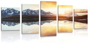 5-dielny obraz oslnivý západ slnka nad horským jazerom - 100x50
