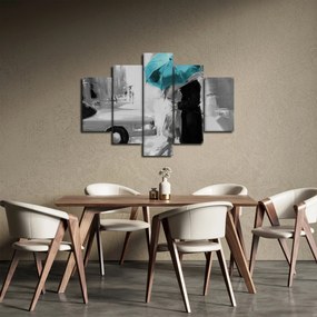 Obraz - Zamilovaný pár s dáždnikom, modrý (150x105 cm)