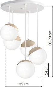 Závesné svietidlo Sfera, 5x biele sklenené tienidlo, w/drevo, o