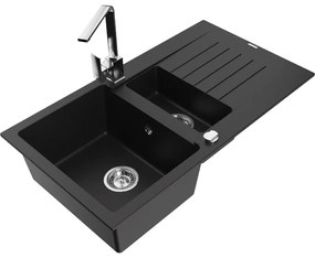 Mexen Matias, granitový drez 900x505x200 mm, 1,5-komorový a chrómová batéria Rita, čierna, 6502-77-670300-00