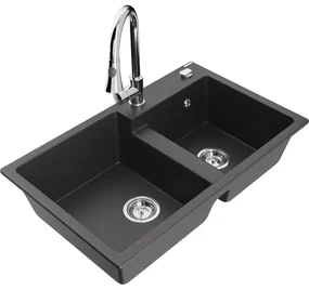 Mexen Tomas, 2-komorový granitový drez 800x500x190 mm a drezová batéria Elia, čierna škvrnitá, 6516-76-670101-00