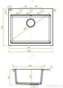 Laveo Tau, 1-komorový granitový drez 600x500x215 mm, čierna škvrnitá, LAV-SBT_7106