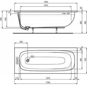 Ideal Standard i.life - Obdĺžniková vaňa 1700x700 mm, s prepadom, biela T475901
