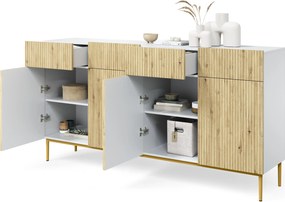 Biela štvordverová komoda Nicole 200 cm so zásuvkami - biely / dub artisan / zlaté nožičky
