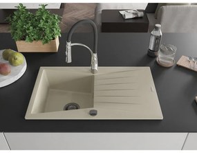 Mexen Cesar, 1-komorový granitový drez 775x470x190 mm a drezová batéria Aster, béžová, 6514-69-73450-07-B