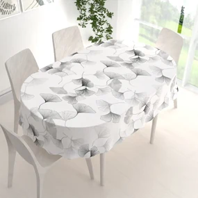 Biante Bavlnený oválny obrus Sandra SA-512 Sivo-biele ginkgo listy na bielom 120x140 cm