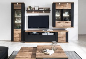 Široká nástenná vitrína Boston, čierna/dub ribbeck, s osvetlením