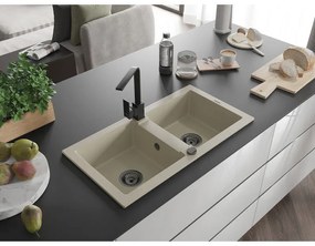 Mexen Mario, granitový drez 820x436x161 mm, 2-komorový, béžová s čiernym sifónom a čierna drezová batéria Rita, 6504-69-670300-70