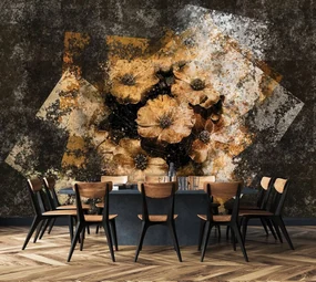 Fototapeta - Zlaté kvety - múr (152,5x104 cm)
