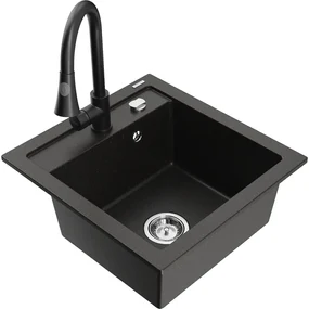 Mexen Vito, 1-komorový granitový drez 490x520x210 mm a drezová batéria Elia, čierna-zlatá metalíza, 6503-75-670101-70