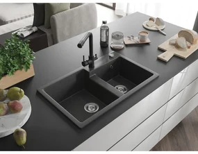Mexen Tomas, granitový drez 800x500x190 mm, 2-komorový a čierna batéria Duero, čierna škvrnitá, 6516-76-671600-70