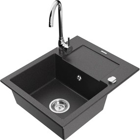 Mexen Enzo, 1-komorový granitový drez s odkvapkávačom 58x47 cm a kuchynskou batériou Telma, čierna-škvrnitá, 6506-76-670200-00