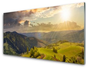 Obraz plexi Hory lúka západ slnka 125x50 cm