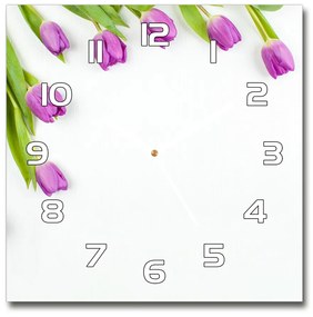 Sklenené hodiny štvorec Fialové tulipány pl_zsk_30x30_f_78573099