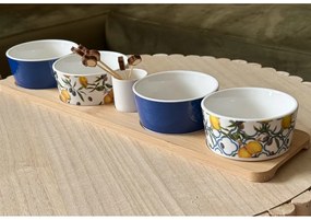 Sada porcelánových tapas misiek na drevenom podnose