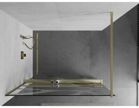 Mexen Kioto+, sprchová zástena Walk-In s poličkou a vešiakom 90 x 200 cm, 8mm číre sklo biely vzor, zlatý matný profil, 800-090-121-55-97