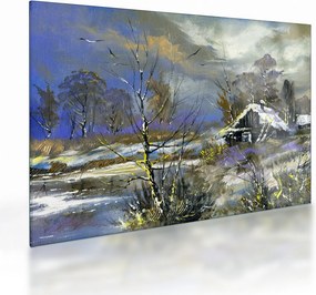 Sklenený obraz chalúpky v zimnej krajine, olejomaľba (70x50 cm)