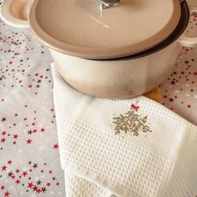 Goldea vianočná kuchynská vaflová utierka s výšivkou - imelo na krémovom 50 x 70 cm