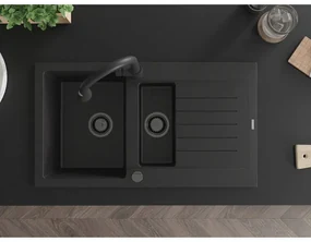 Mexen Matias, 1,5-komorový granitový drez 900x505x200 mm a drezová batéria Elia, čierna, 6502-77-670101-70-B