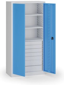 Policová dielenská skriňa 2-dverová, 3 police + 7 zásuviek, 1950 × 950 × 500 mm, modré dvere