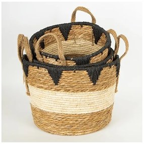 SADA 3x Slamený košík béžová/čierna 27x20/30x22/36x28 cm