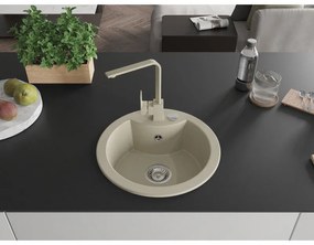 Mexen Diego, 1-komorový granitový drez 488x488x167 mm, chrómový sifón, béžová batéria Rita, béžová, 6512-69-670300-69