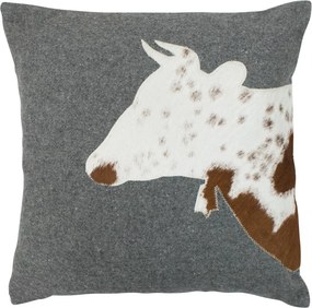 Šedý vlnený vankúš s kravou z hovädzej kože - 45 * 45 * 10cm