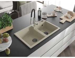 Mexen Tomas, 2-komorový granitový drez 800x500x190 mm a drezová batéria Aster, béžová, 6516-69-73450-07-B