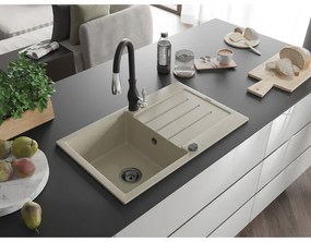 Mexen Bruno, 1-komorový granitový drez 795x495x200 mm a drezová batéria Savita, béžová, 6513-69-672601-70