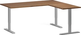 Výškovo nastaviteľný stôl, 180x160 cm, 3 motory, L/P, sivá podnož, orech