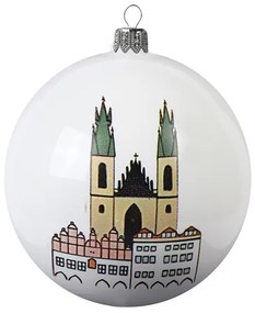 Biela sklenená guľa s dekorom Prahy
