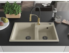 Mexen Tomas, 2-komorový granitový drez 800x500x190 mm a drezová batéria Aster, béžová, 6516-69-73450-57-B