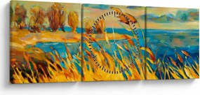 Obraz - Západajúce slnko nad jazerom, akrylová maľba (s hodinami) (90x30 cm)