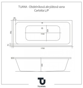 Tuana Carlotta, obdĺžniková akrylátová vaňa 170x75 cm + panely, biela, CER-TU-429091