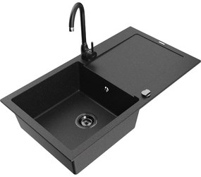 Mexen Leo, drez granitový 900x500x190 mm, 1-komorový a čierna batéria Telma, čierna-strieborná metalíza, 6501-73-670200-70-B