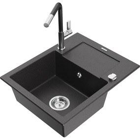 Mexen Enzo, 1-komorový granitový drez 576x465x174 mm a drezová batéria Flora, čierna škvrnitá, 6506-76-670401-07