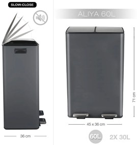 Tmavosivý oceľový odpadkový kôš 2x30 l na triedený odpad/nášľapný Aliya – Spirella