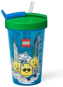 Modrý téglik so zeleným vekom a slamkou LEGO® Iconic, 500 ml