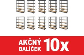 Akcia 10x Regál 183x60x40 cm lakovaný 5-policový, nosnosť 1000 kg, RIVET - čierny