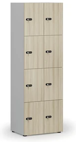 Drevená šatníková skrinka s úložnými boxmi, 8 boxov, mechanický kódový zámok, sivá/dub prírodný