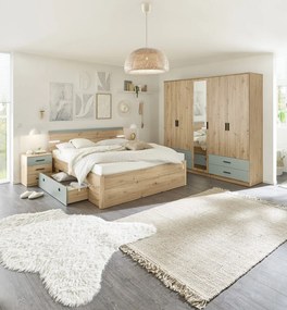 Posteľ s nočnými stolíkmi Savina 180x200 cm, dub artisan/šalviová, s osvetlením