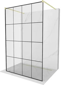 Mexen Kioto, sprchová zástena Walk-In 130 x 200 cm, 8mm sklo čierny vzor, zlatý matný profil, 800-130-002-55-77