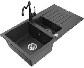 Mexen Matias, granitový drez 900x505x200 mm, 1,5-komorový a drezová batéria Carla, čierna škvrnitá, 6502-76-670700-70