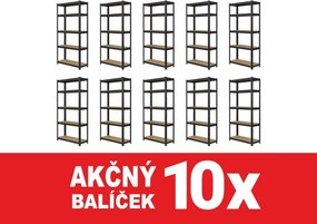 Akcia 10x Regál 180x90x30 cm robustný lakovaný 5-policový, nosnosť 1000 kg - čierny