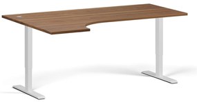 Rohový výškovo nastaviteľný stôl, 180x120 cm, 2 motory, L/P, biela podnož, orech