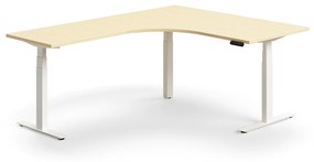 Výškovo nastaviteľný stôl QBUS, rohový, 1600x2000 mm, biely rám, breza