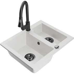 Mexen Carlos, 1,5-komorový granitový drez 582x475x177 mm a drezová batéria Elia, biela, 6518-20-670101-70